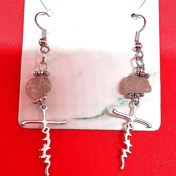 Rose Quartz Natural Stone Silver Faith Cross ✝️ Earrings - Picture 1 of 1